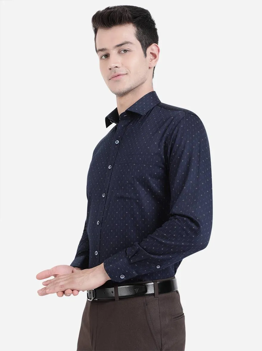 Navy Blue Printed Regular Fit Formal Shirt | JadeBlue