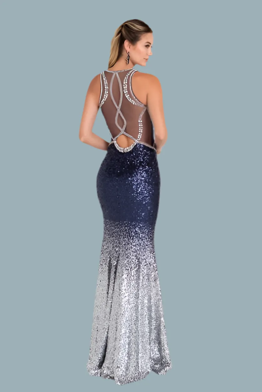 Navy Ombré Sequin Halter Dress