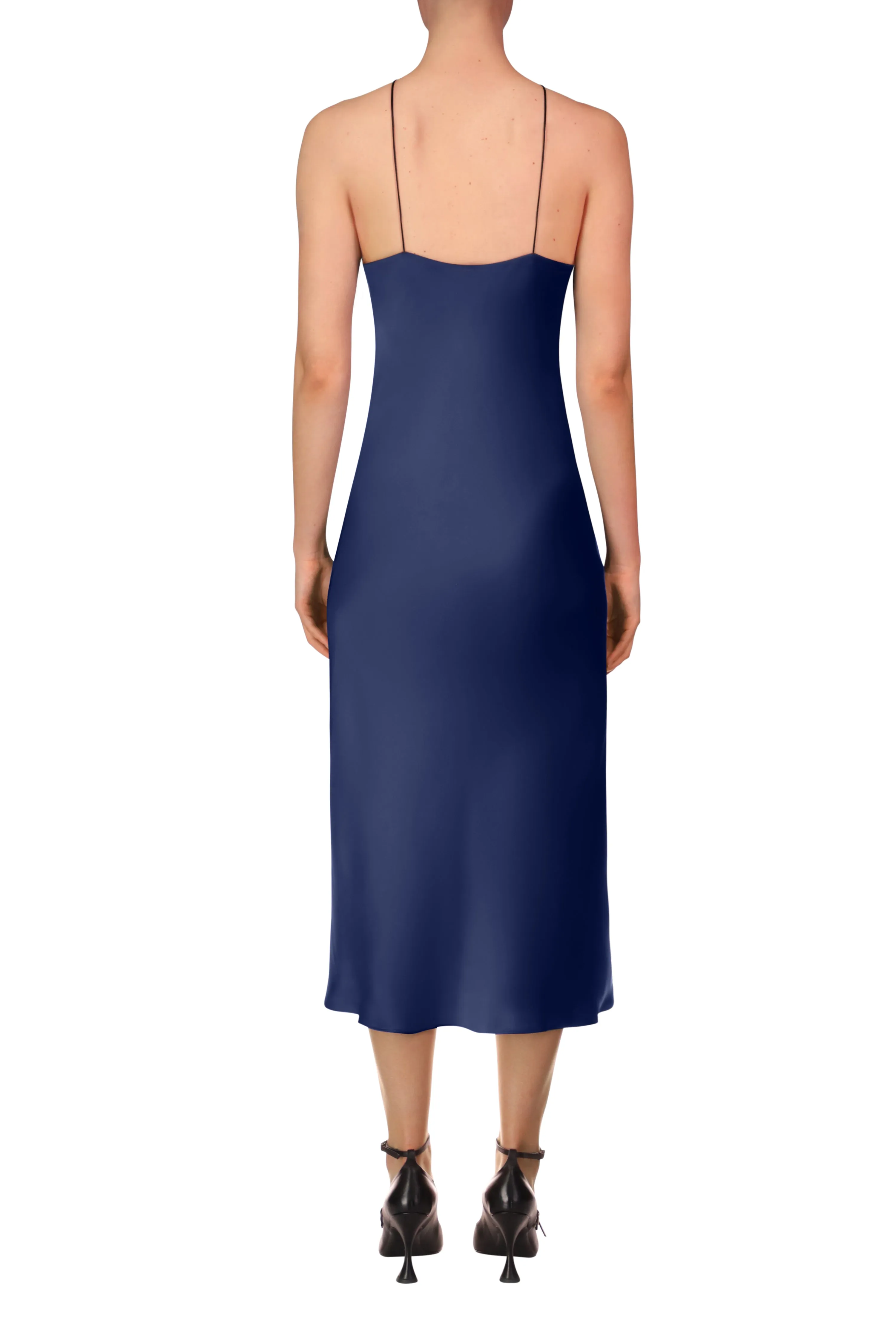 Navy Silk Satin Halter Dress with Flower
