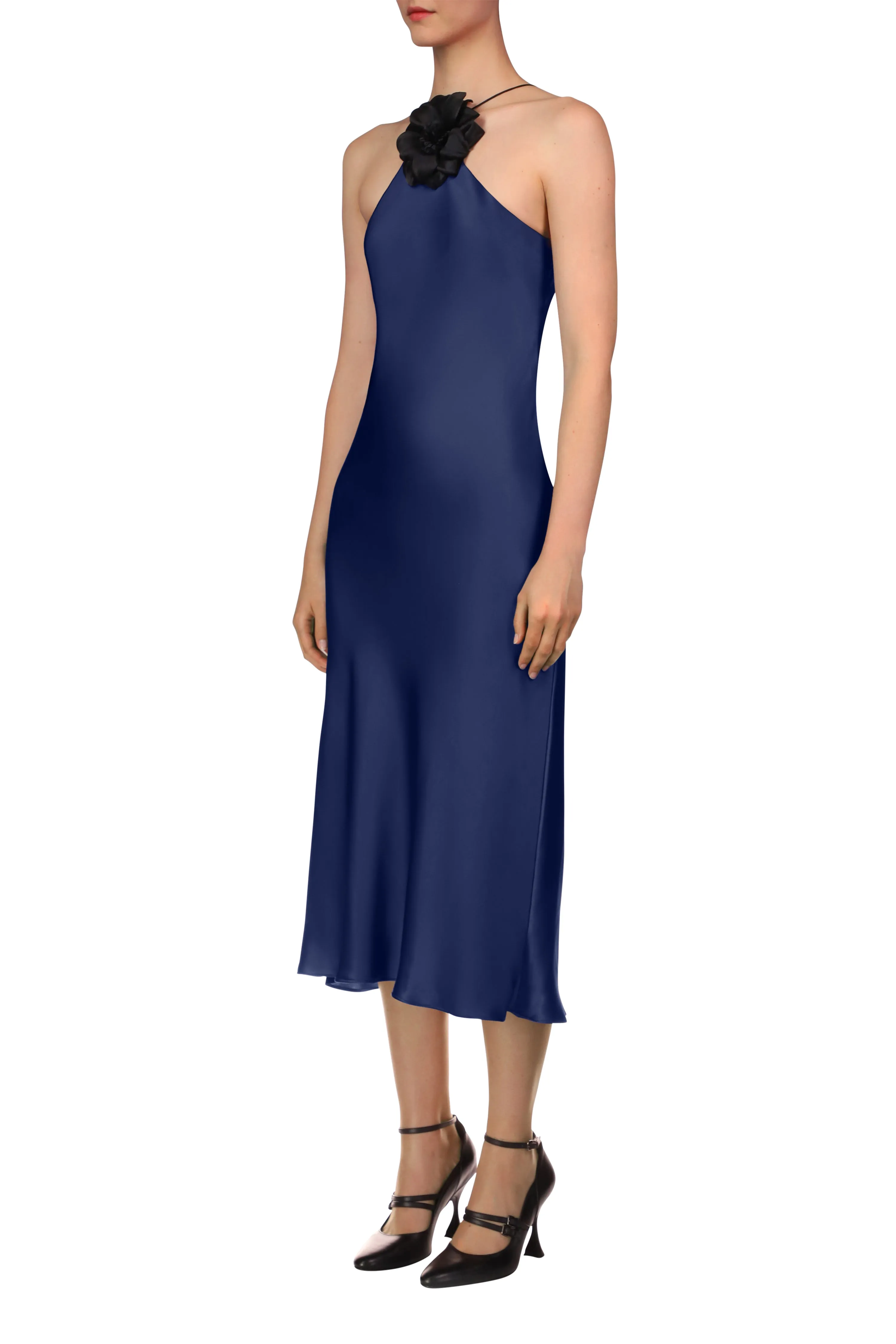 Navy Silk Satin Halter Dress with Flower