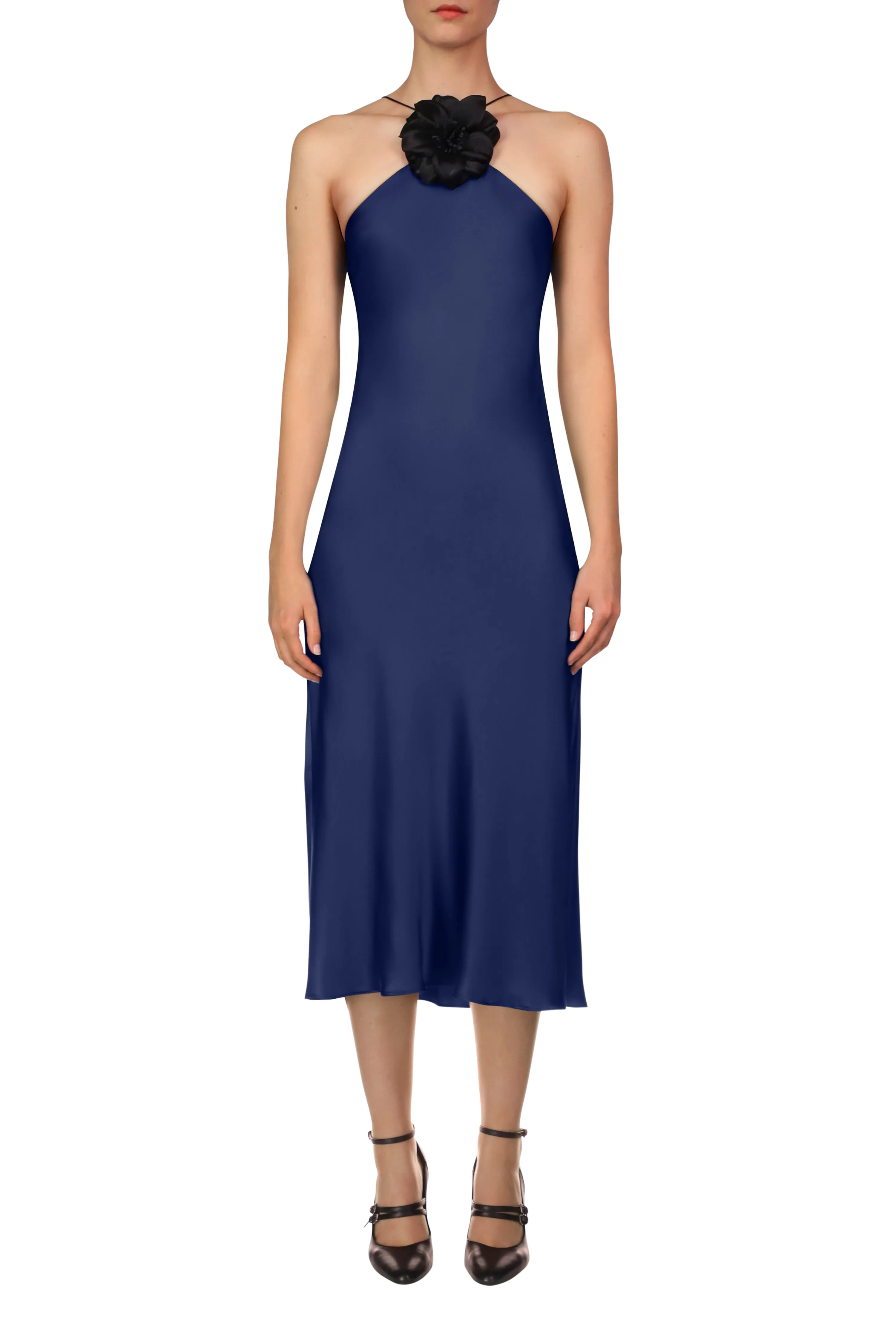 Navy Silk Satin Halter Dress with Flower