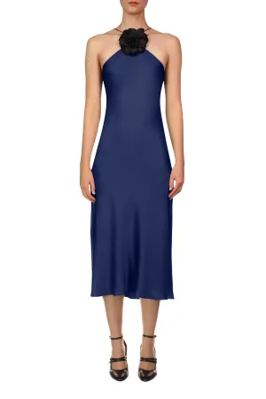 Navy Silk Satin Halter Dress with Flower