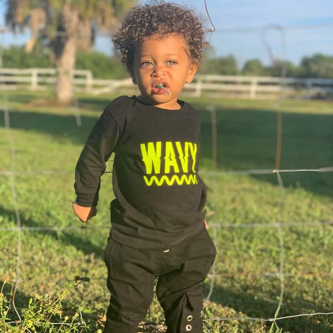 Neon Yellow Wavy | Black Long Sleeve Toddler Tee