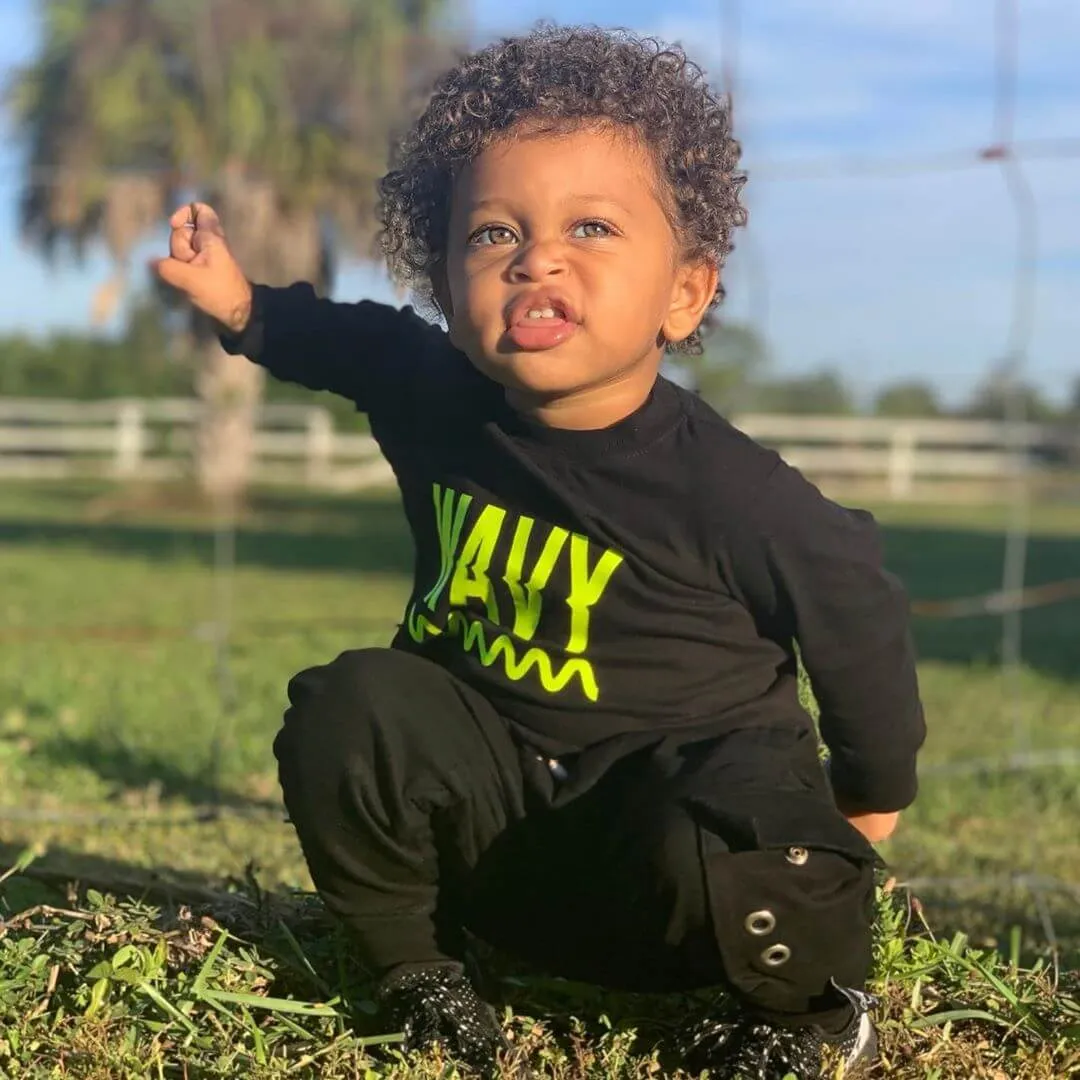 Neon Yellow Wavy | Black Long Sleeve Toddler Tee