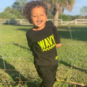 Neon Yellow Wavy | Black Long Sleeve Toddler Tee
