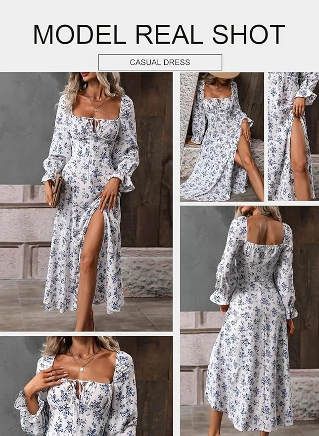 New BLENCOT Women's Floral Print Puff Long Sleeve Maxi Dress Sexy Square Neck Tie Front Ruffle Hem Split A-line Beach Dress, Blue Floral, Sz M