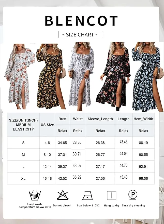 New BLENCOT Women's Floral Print Puff Long Sleeve Maxi Dress Sexy Square Neck Tie Front Ruffle Hem Split A-line Beach Dress, Blue Floral, Sz M