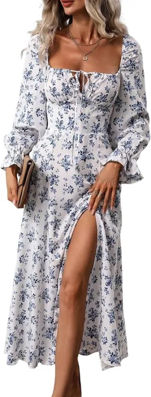 New BLENCOT Women's Floral Print Puff Long Sleeve Maxi Dress Sexy Square Neck Tie Front Ruffle Hem Split A-line Beach Dress, Blue Floral, Sz M
