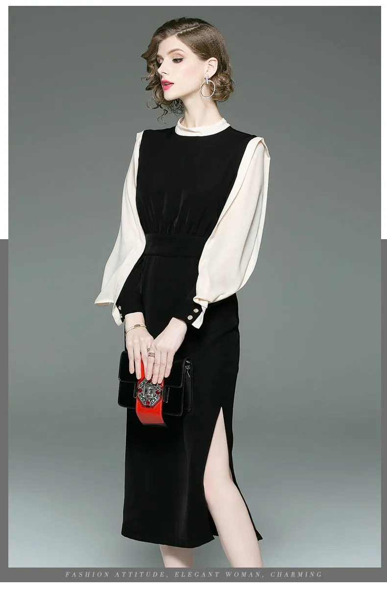 New classic contrast color slim dress round neck long sleeve