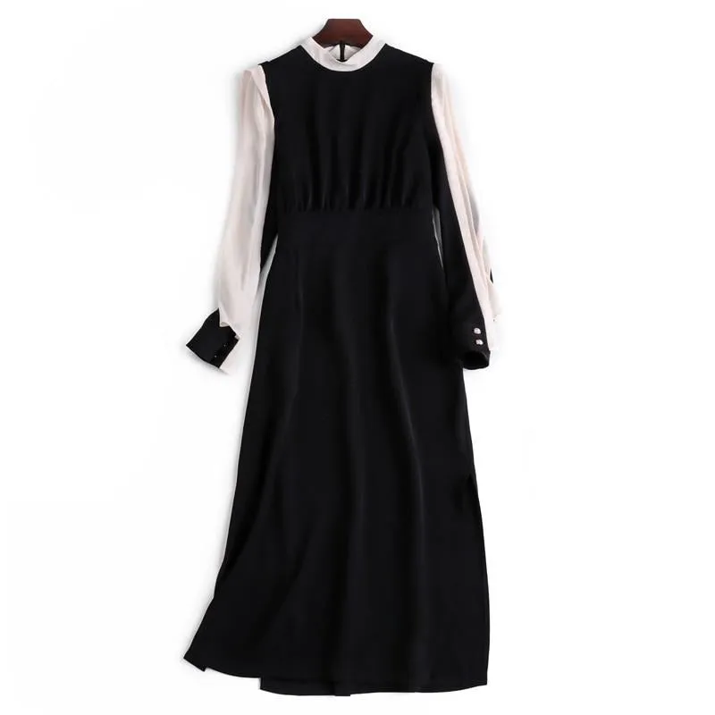 New classic contrast color slim dress round neck long sleeve