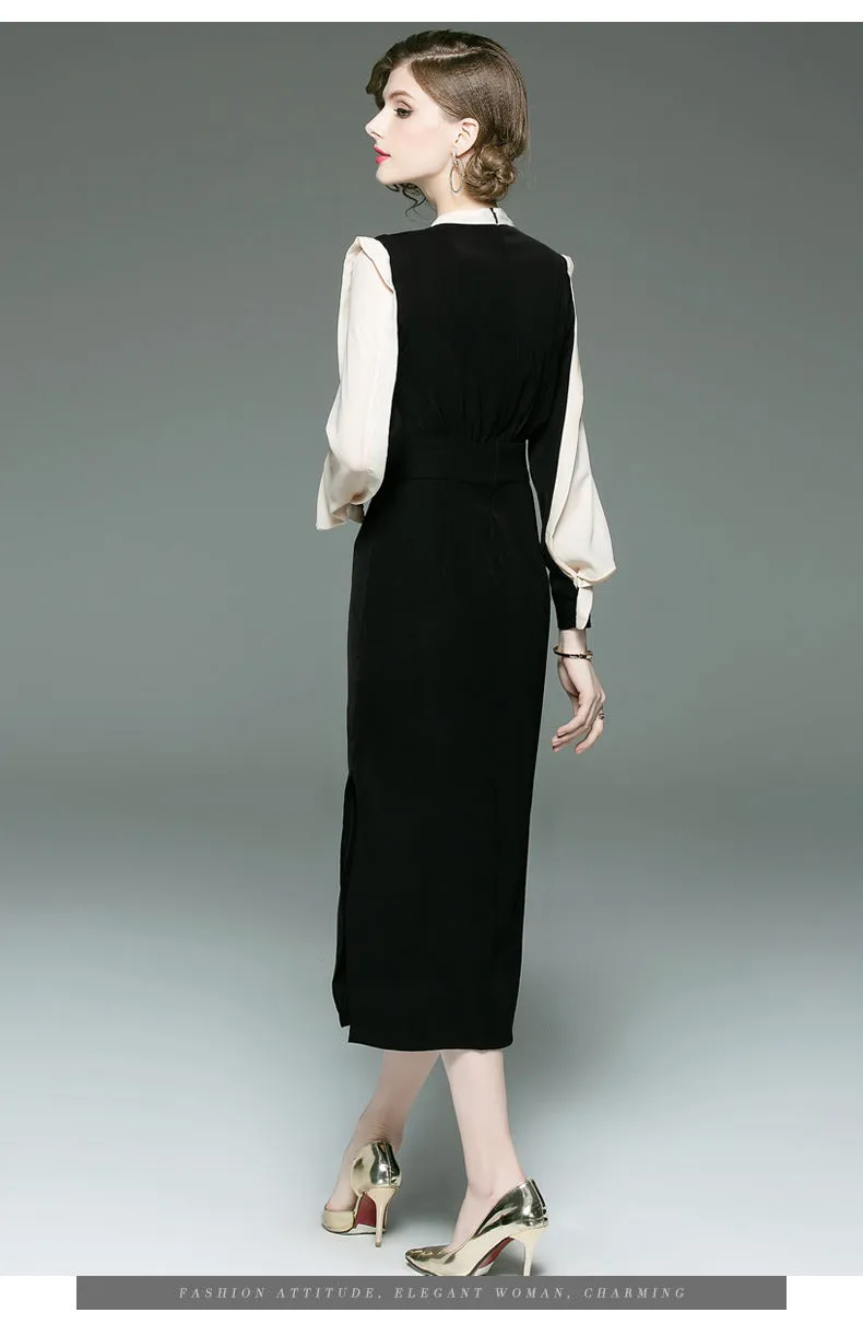 New classic contrast color slim dress round neck long sleeve