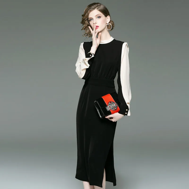 New classic contrast color slim dress round neck long sleeve