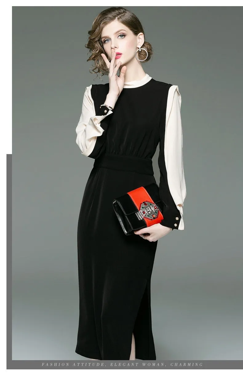 New classic contrast color slim dress round neck long sleeve