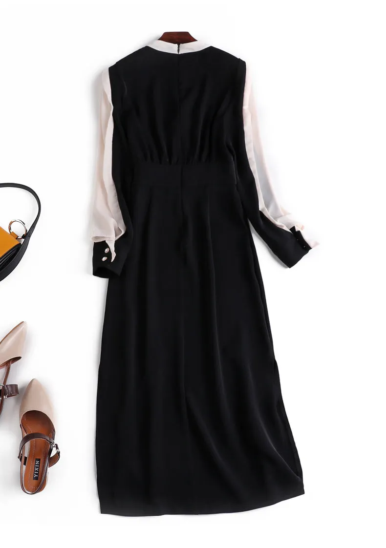 New classic contrast color slim dress round neck long sleeve