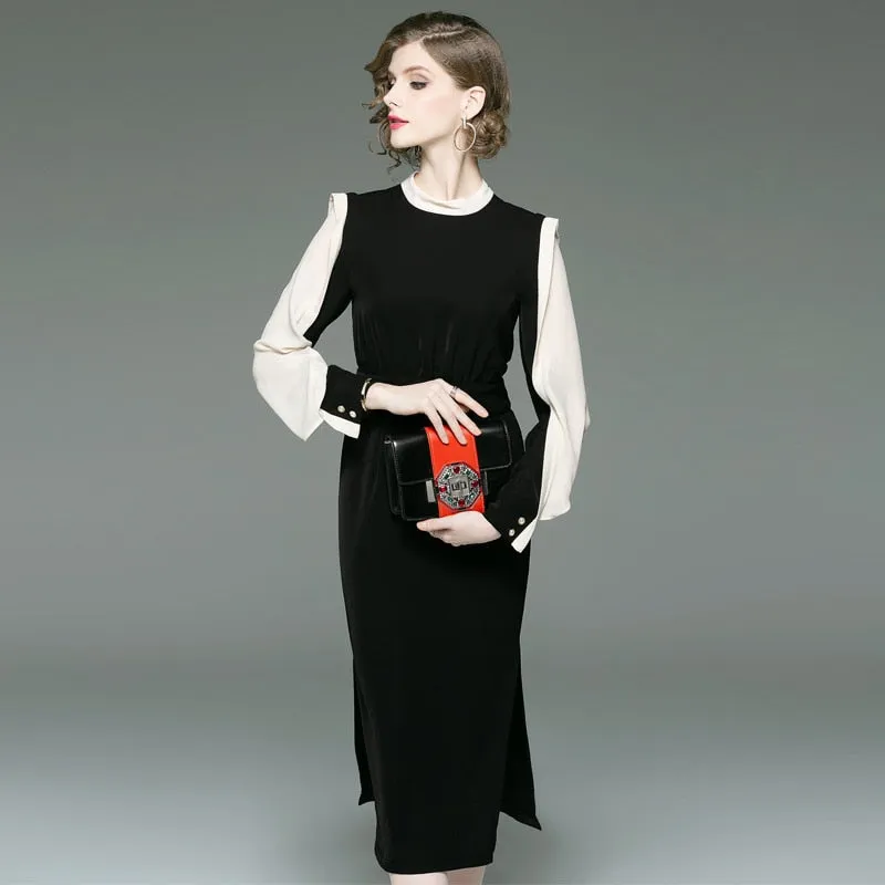 New classic contrast color slim dress round neck long sleeve