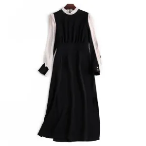 New classic contrast color slim dress round neck long sleeve
