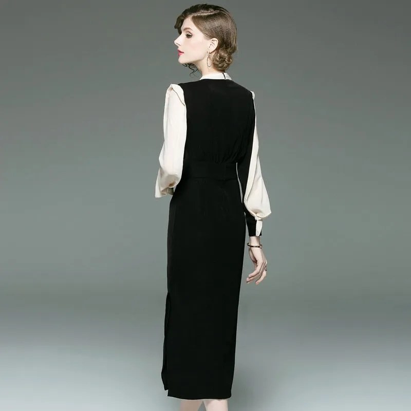 New classic contrast color slim dress round neck long sleeve