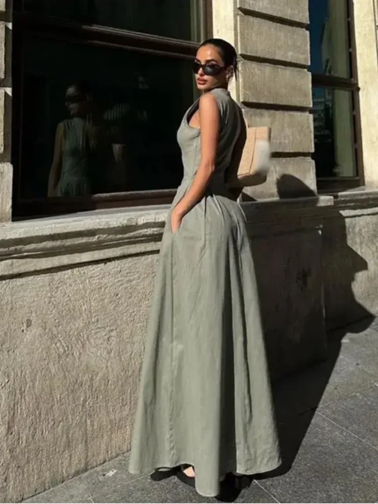 New Fashion High Waist Sleeveless Maxi Dress Women Elegant O-Neck A-Line Office Party Dress