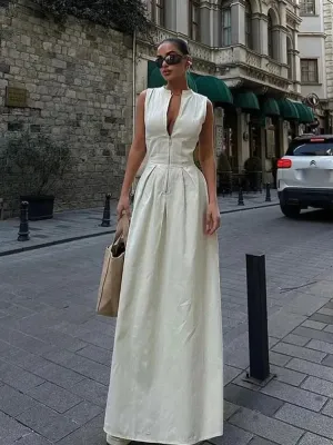New Fashion High Waist Sleeveless Maxi Dress Women Elegant O-Neck A-Line Office Party Dress