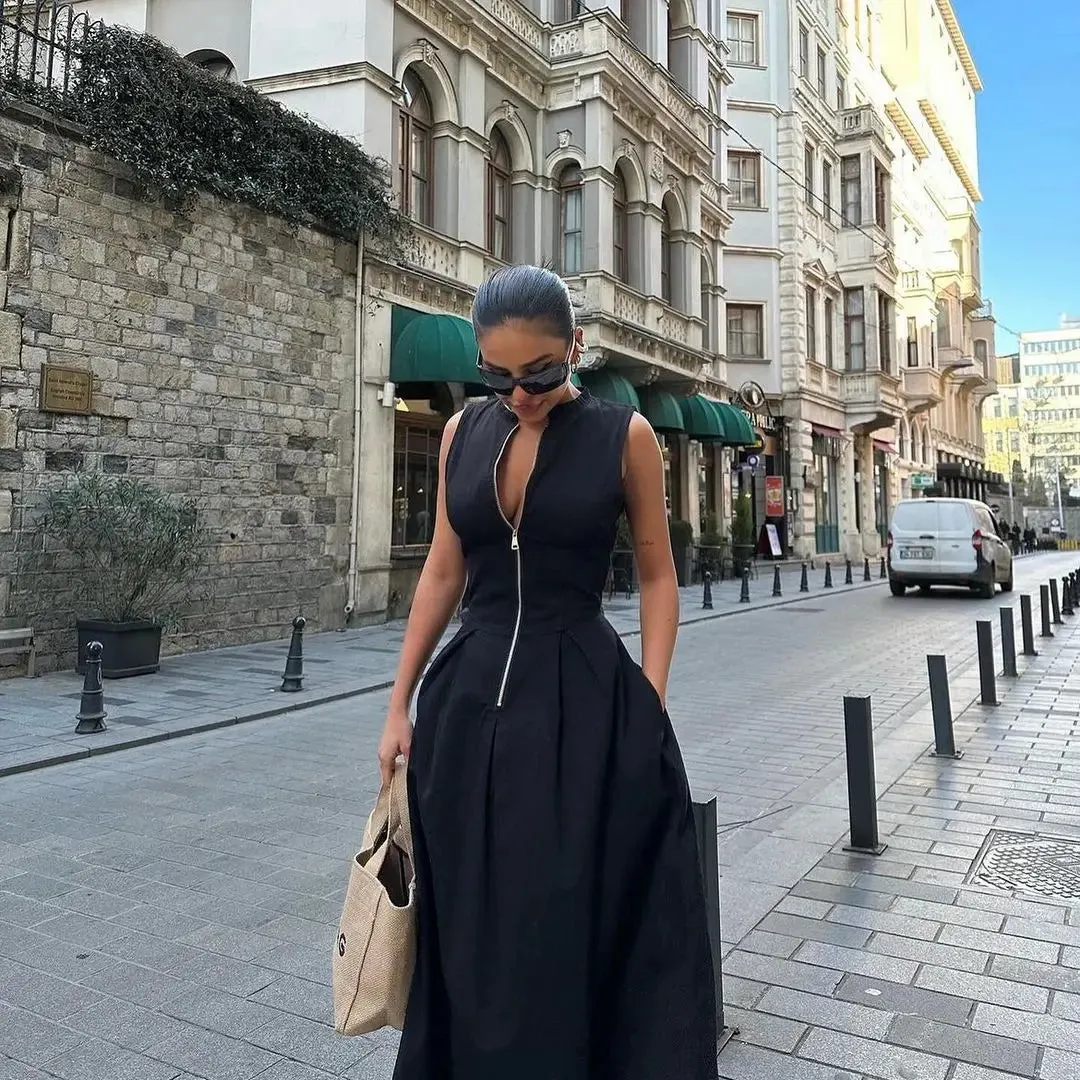 New Fashion High Waist Sleeveless Maxi Dress Women Elegant O-Neck A-Line Office Party Dress