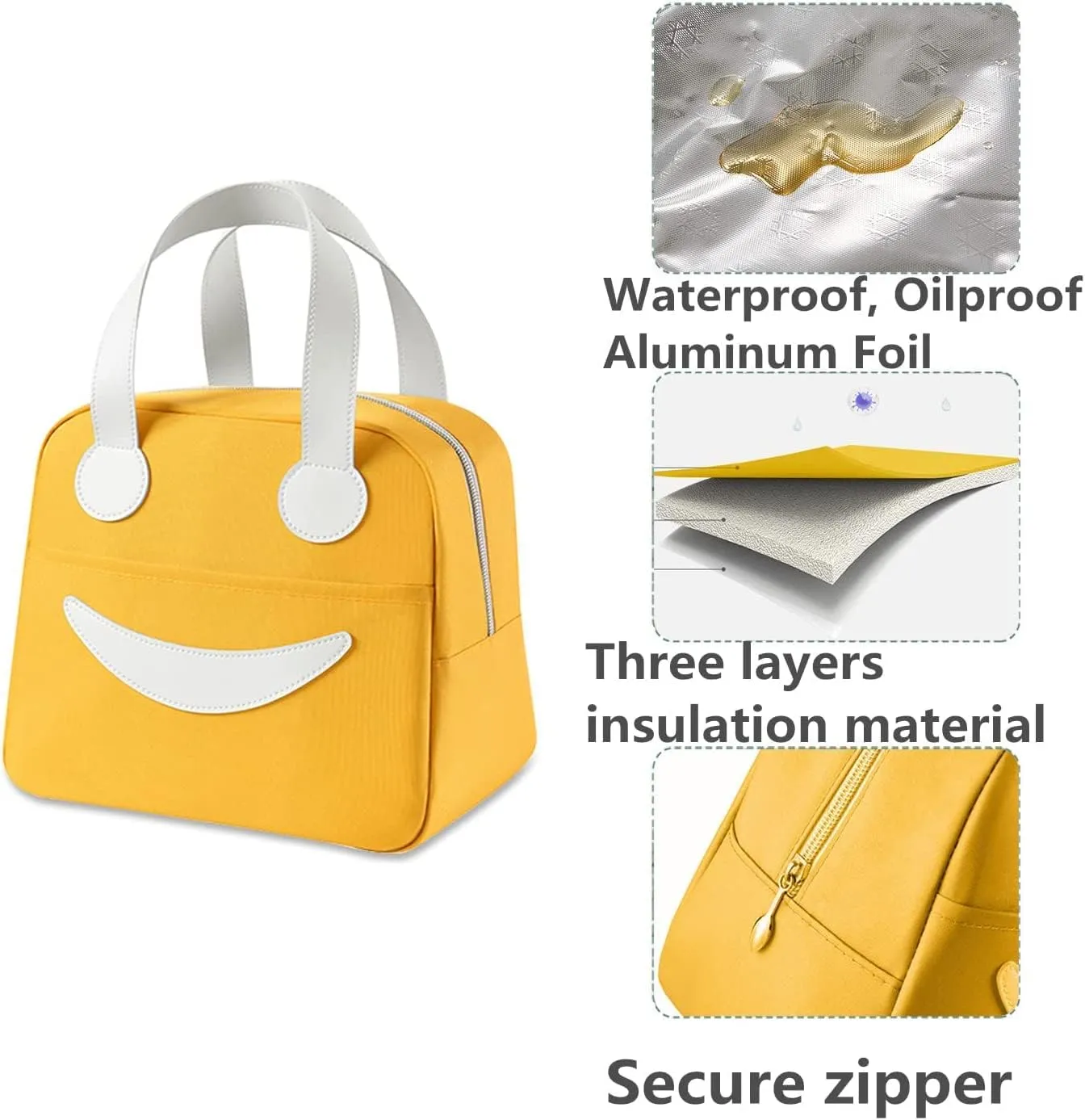 NEW Vikuces Lunch Bag for Women and Men, Insulated Lunch Box Cooler Tote Bags Thermal Bento Bags, Kids Reusable Smiley Lunch Boxes with Waterproof for Work, School, Travel and Picnic (Grey)