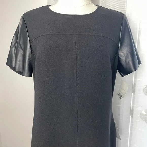 NWT Donna Morgan Black Shift Dress with Faux Leather Sleeves Size 10