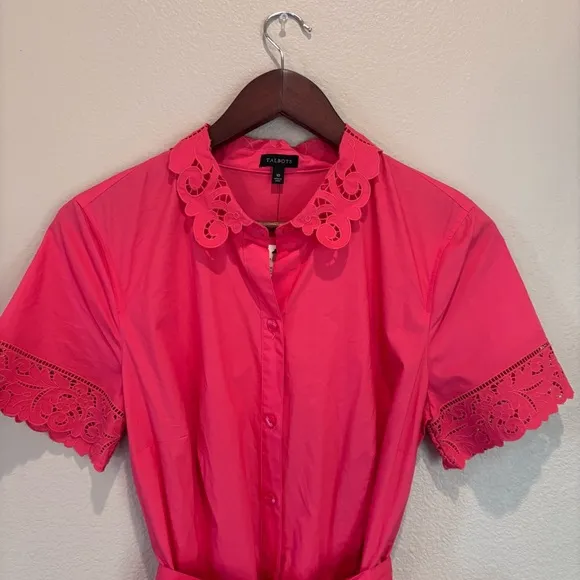 NWT Talbots Poplin Eyelet Collar Shirt Dress in Coral, size 10, Spring Easter