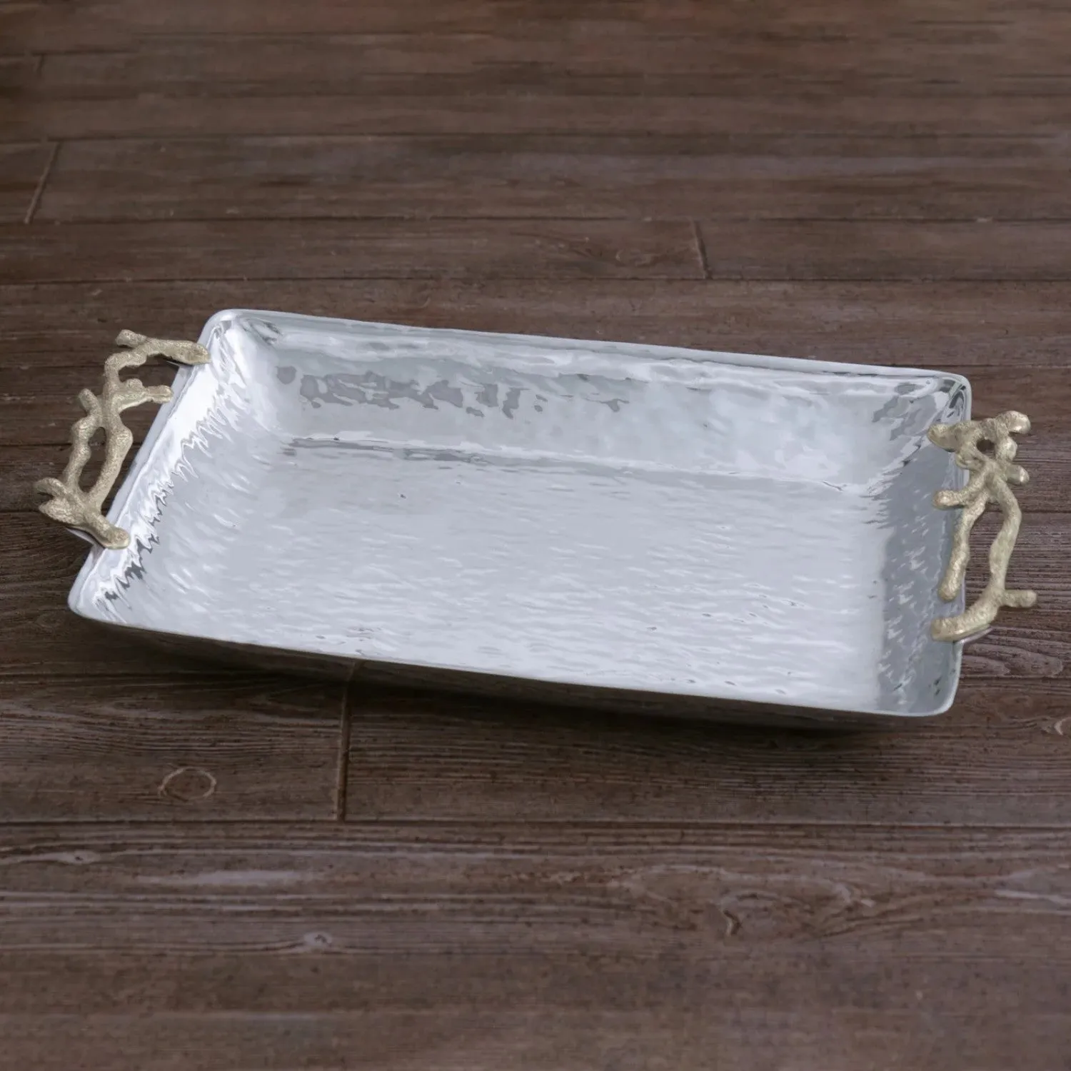 Ocean Coral Rectangular Platter with Gold Handles