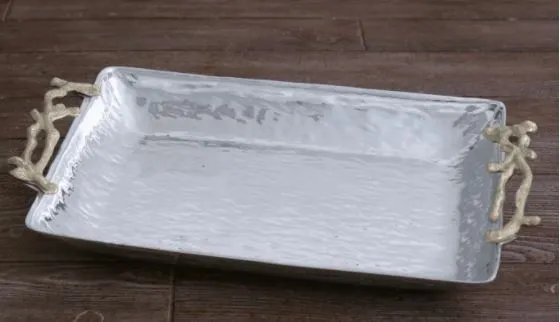 Ocean Coral Rectangular Platter with Gold Handles