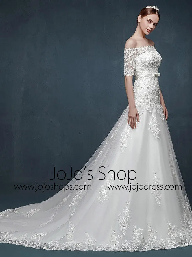 Off Shoulder A-line Lace Wedding Dress with Dropped Waist
