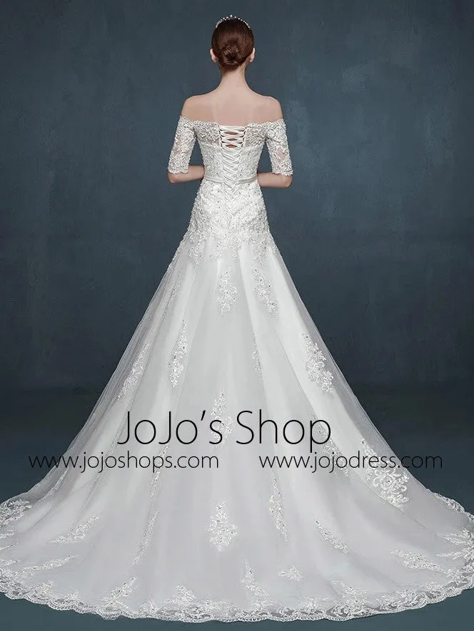 Off Shoulder A-line Lace Wedding Dress with Dropped Waist