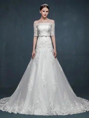 Off Shoulder A-line Lace Wedding Dress with Dropped Waist