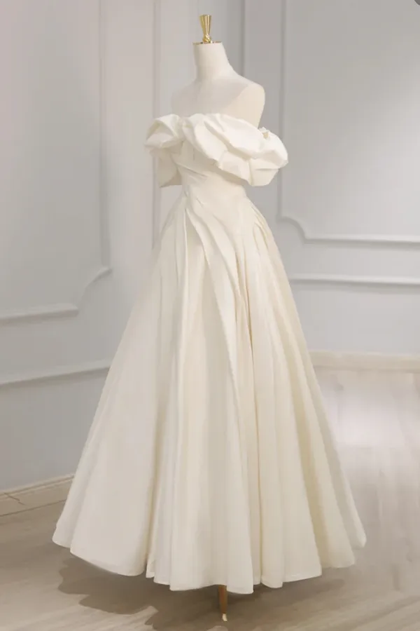 Off Shoulder A Line Satin Long Prom Dress, Beige Long Formal Dress APP1006