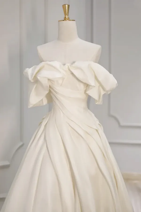 Off Shoulder A Line Satin Long Prom Dress, Beige Long Formal Dress APP1006