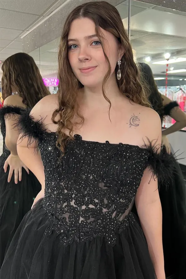Off Shoulder Black Lace Beaded Long Prom Dress with High Slit, Black Lace Formal Dress, Black Evening Dress APP0757