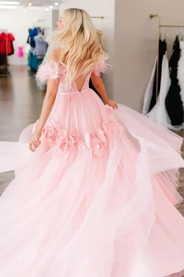 Off Shoulder Pink Lace Long Prom Dress with Flowers, Pink Floral Formal Dress APP0804