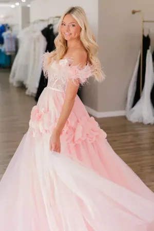 Off Shoulder Pink Lace Long Prom Dress with Flowers, Pink Floral Formal Dress APP0804