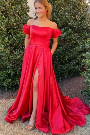 Off Shoulder Red Satin Long Prom Dress with High Slit, Red Formal Graduation Dress APP0763