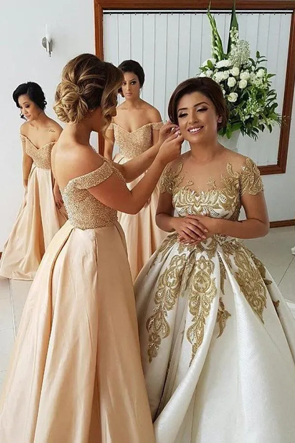 Off-the-Shoulder Stretch Satin Bridesmaid Dress With Beading  TY0026