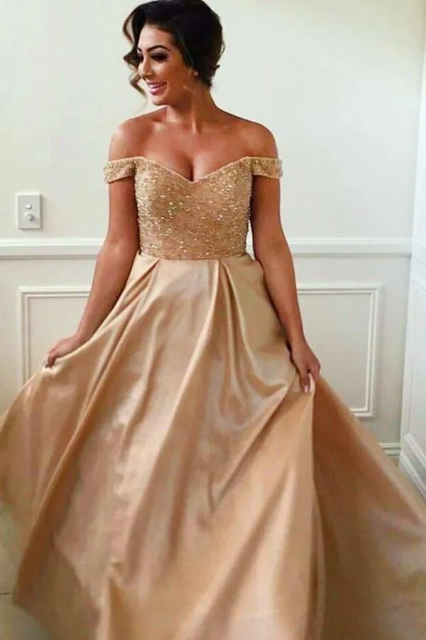 Off-the-Shoulder Stretch Satin Bridesmaid Dress With Beading  TY0026