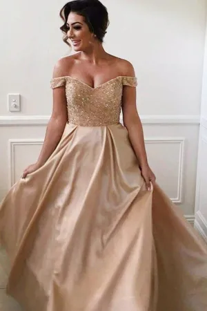 Off-the-Shoulder Stretch Satin Bridesmaid Dress With Beading  TY0026