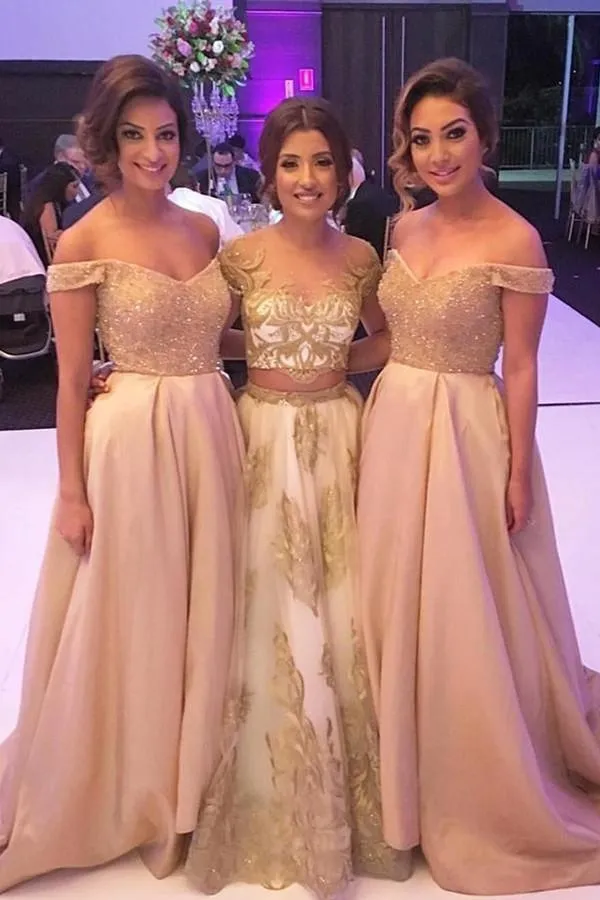 Off-the-Shoulder Stretch Satin Bridesmaid Dress With Beading  TY0026