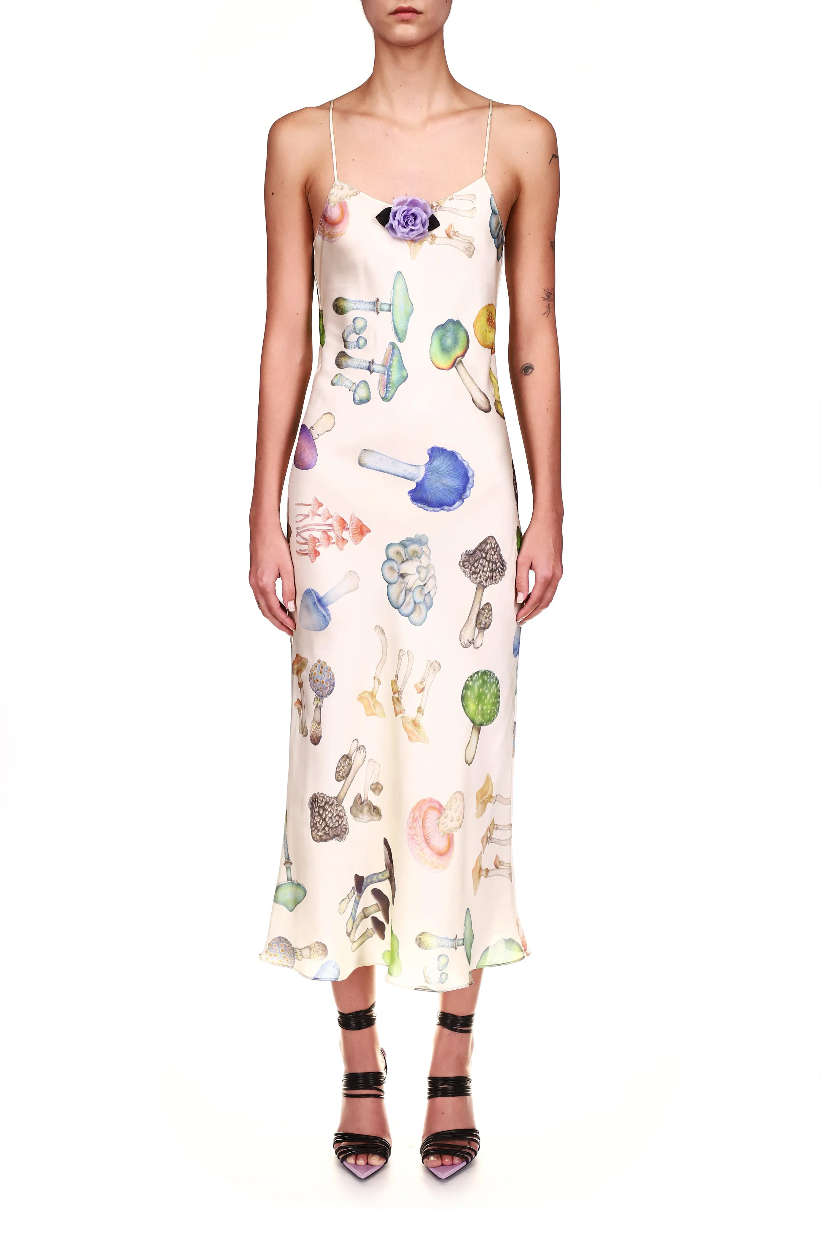 Off White Mushroom Printed Silk Slip Dress