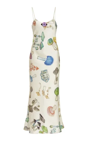 Off White Mushroom Printed Silk Slip Dress