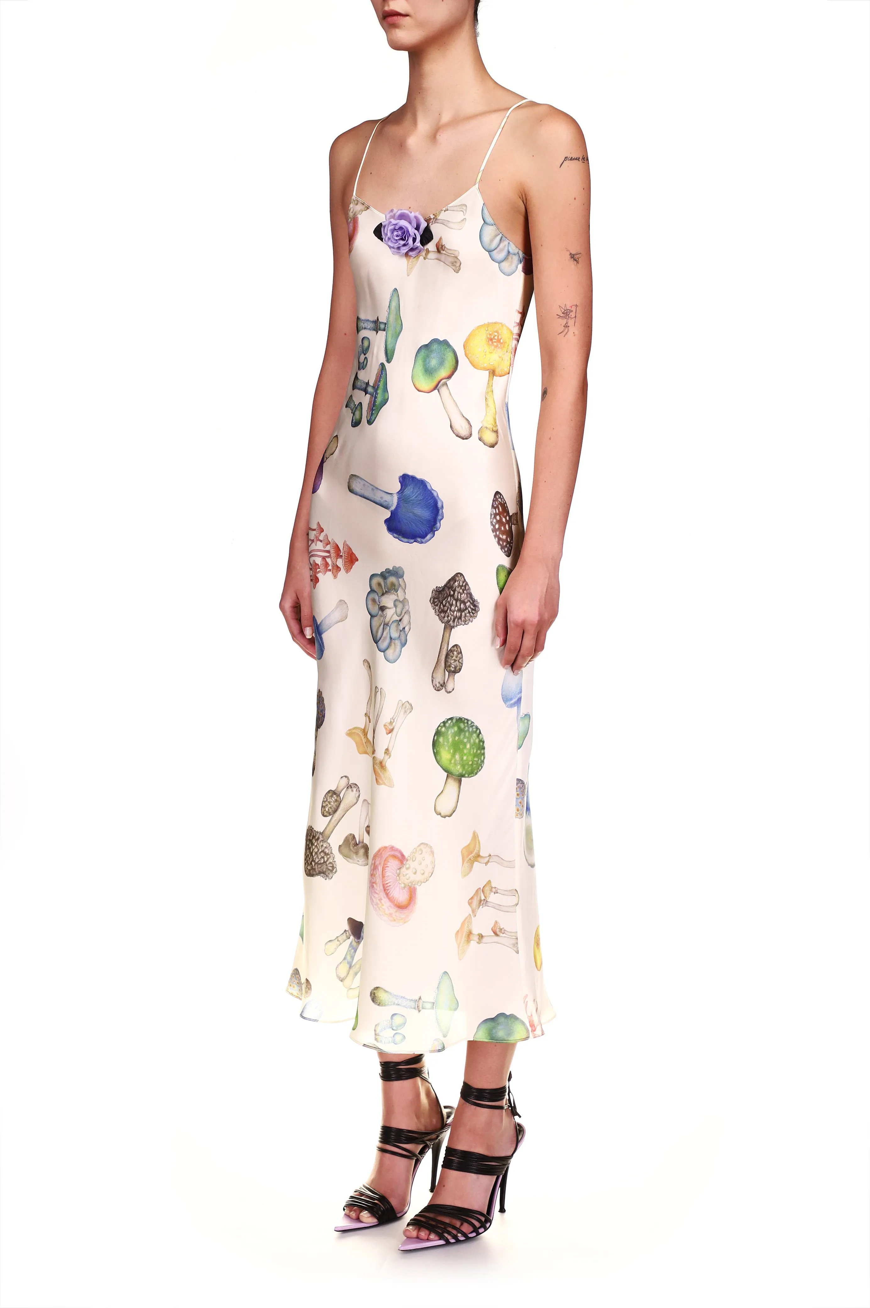 Off White Mushroom Printed Silk Slip Dress