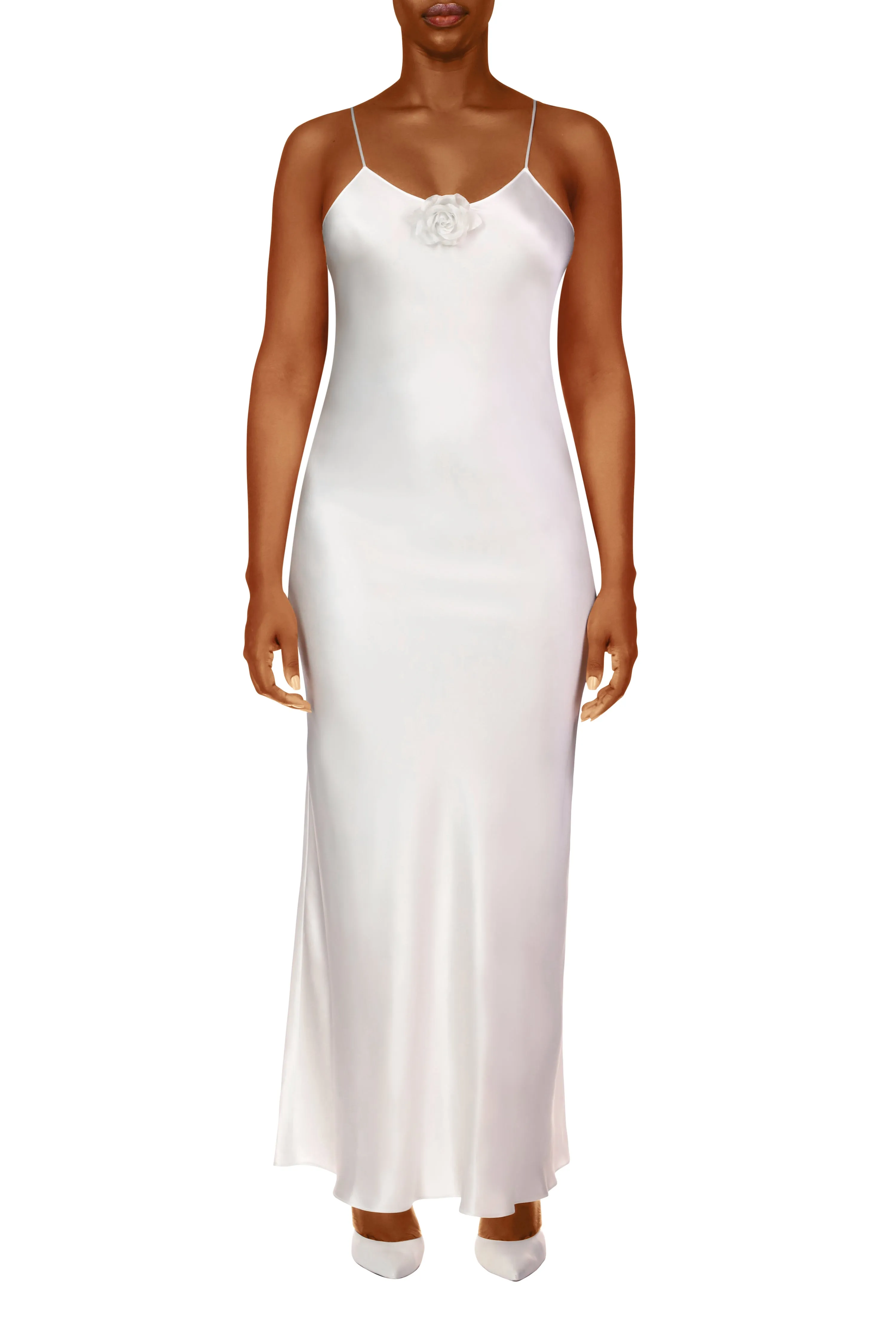 Off White Silk Satin Bias Slip Gown With Silk Flower