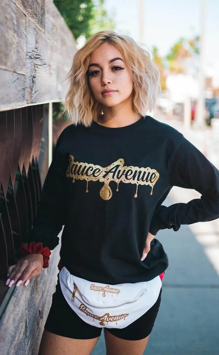 OG Gold Glitter SA Drip | Black Long Sleeve Tee