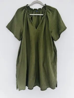 OLD NAVY Crinkle Gauze Dress Sz M Olive Lightweight Pockets Pullover Boho