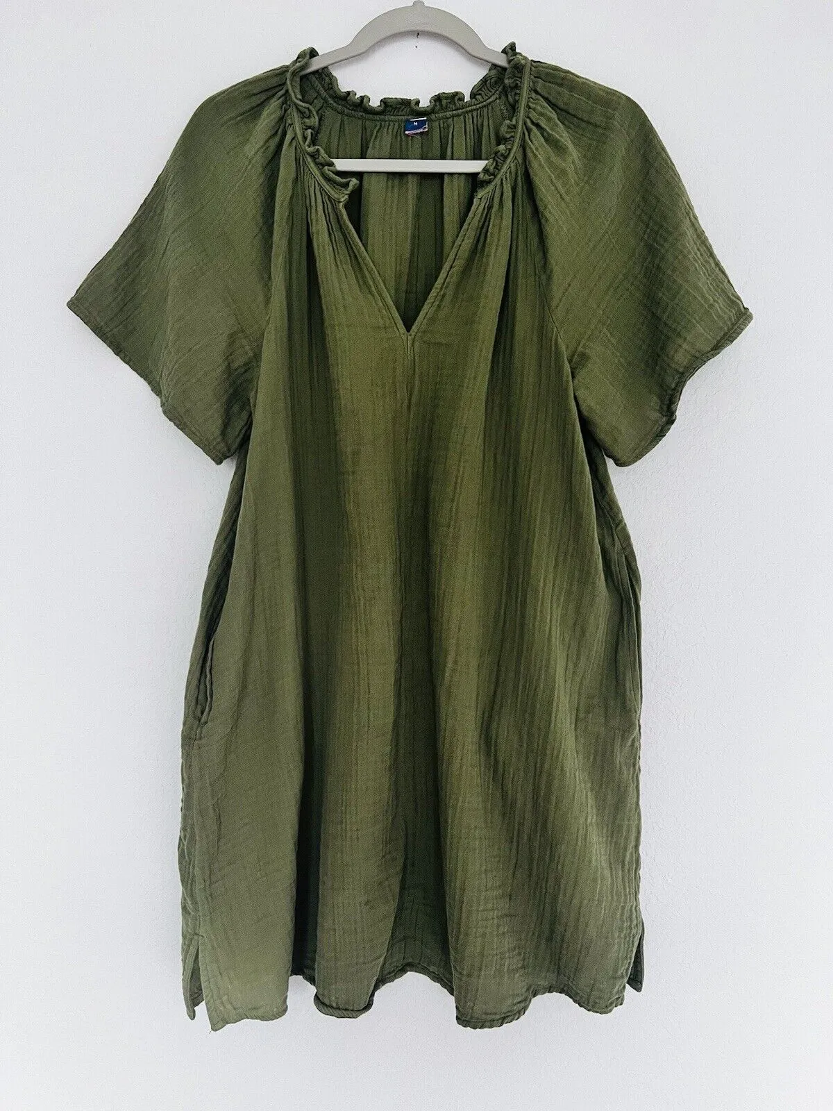 OLD NAVY Crinkle Gauze Dress Sz M Olive Lightweight Pockets Pullover Boho