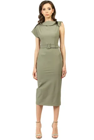 Olive Summer Office Fitted Short Sleeve Midi Dress with Belt